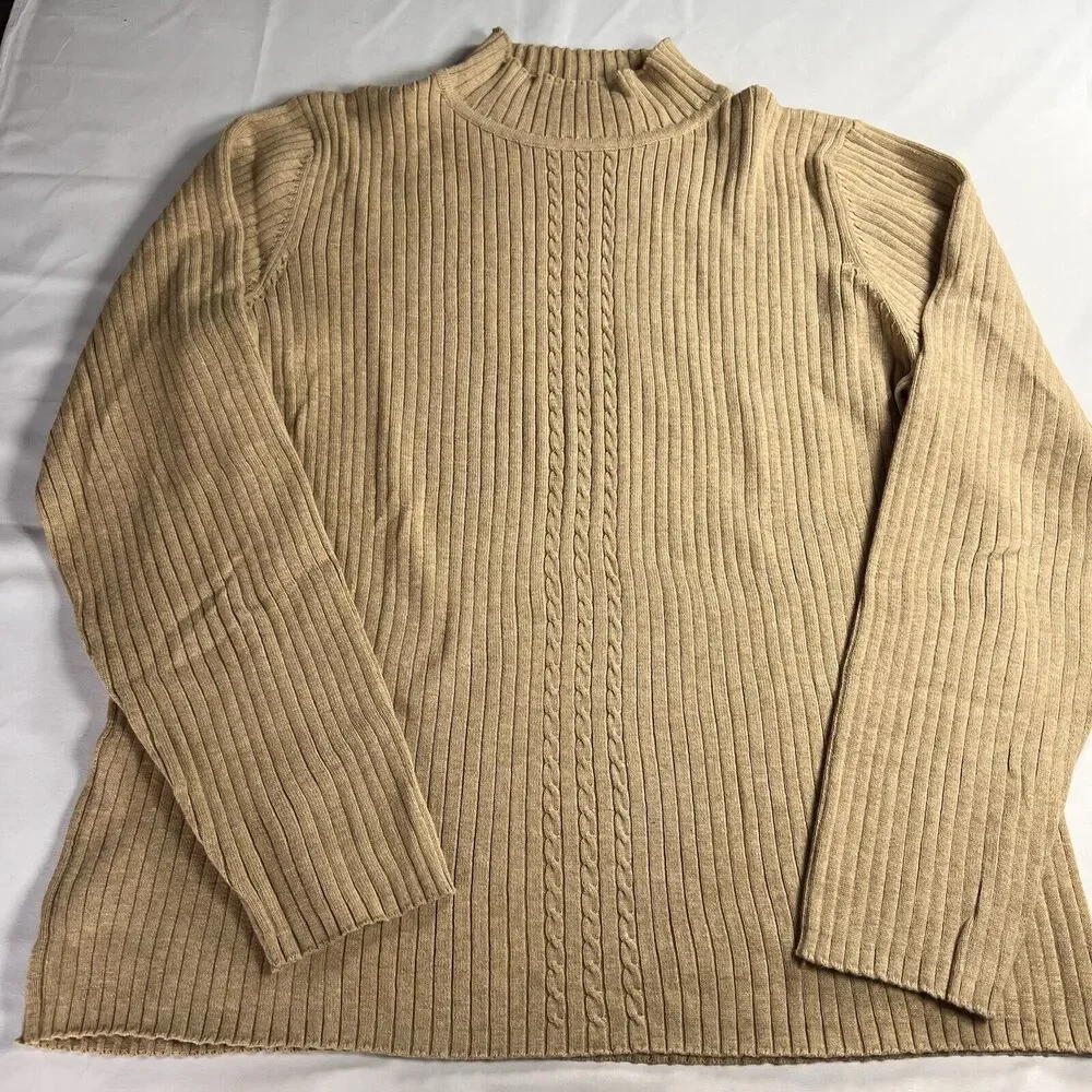 Liz Claiborne Liz Sport Women’s Tan Large Long Sleeve‎ Sweater 100% Cotton VTG